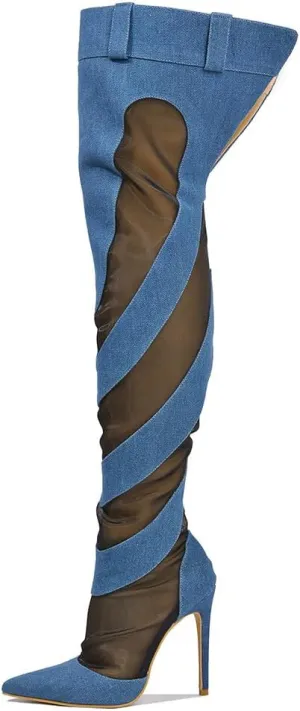 Cape Robbin Mesh Denim Thigh High Boots for Women - Over Knee Boots - Blue Thigh High Boots (Mandali)