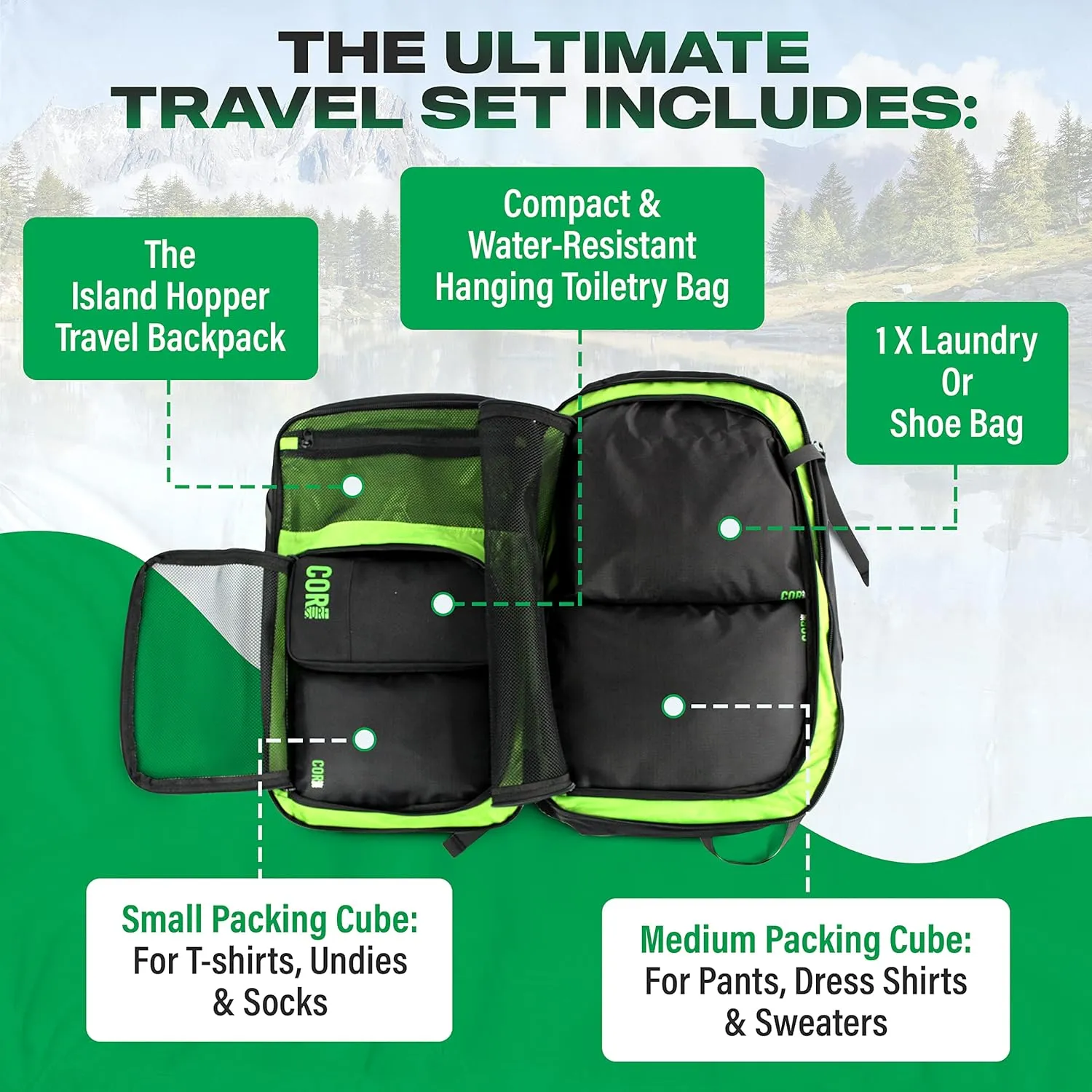 Carry On Travel Backpack Bundle | Island Hopper Travel Backpack with Toiletry Bag and 4-Piece Compression Packing Cube Set (Black with 4 Piece Packing Cube Set, 40L)