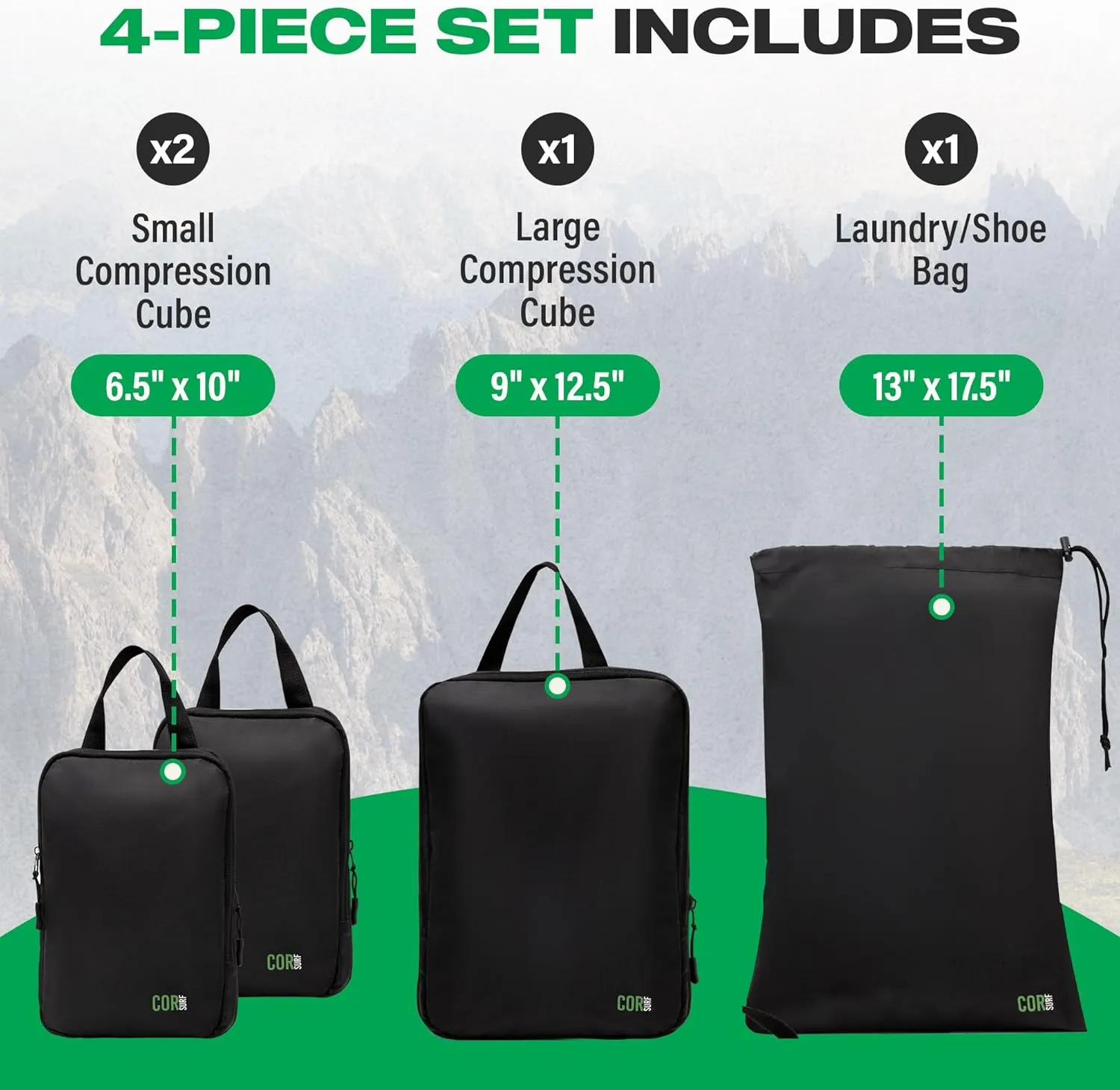 Carry On Travel Backpack Bundle | Island Hopper Travel Backpack with Toiletry Bag and 4-Piece Compression Packing Cube Set (Black with 4 Piece Packing Cube Set, 40L)