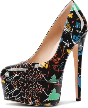 Castamere Womens Stiletto High Platform Heel Round Toe Pumps Slip-on Party Dress Patent Leather 5.9 Inches Heels
