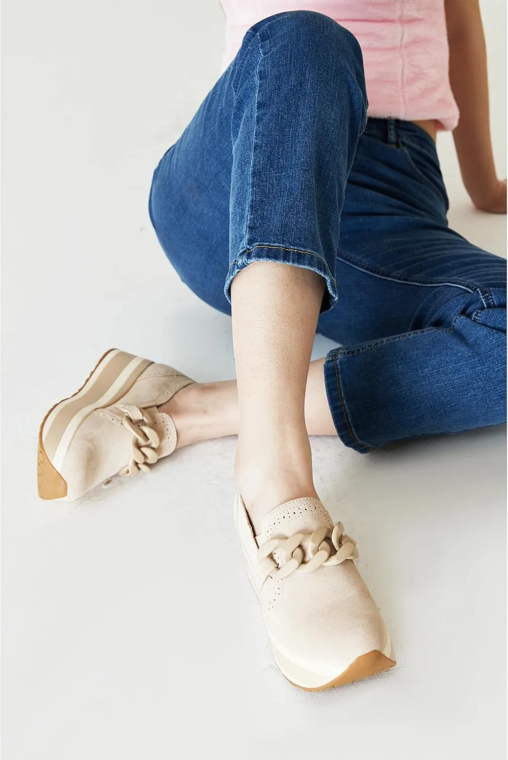 Celbreez Platform Sneakers for Women Round Toe Slip On Classic Wedge Heel Loafers Sneaker Comfortable Work Casual Shoes with Chain