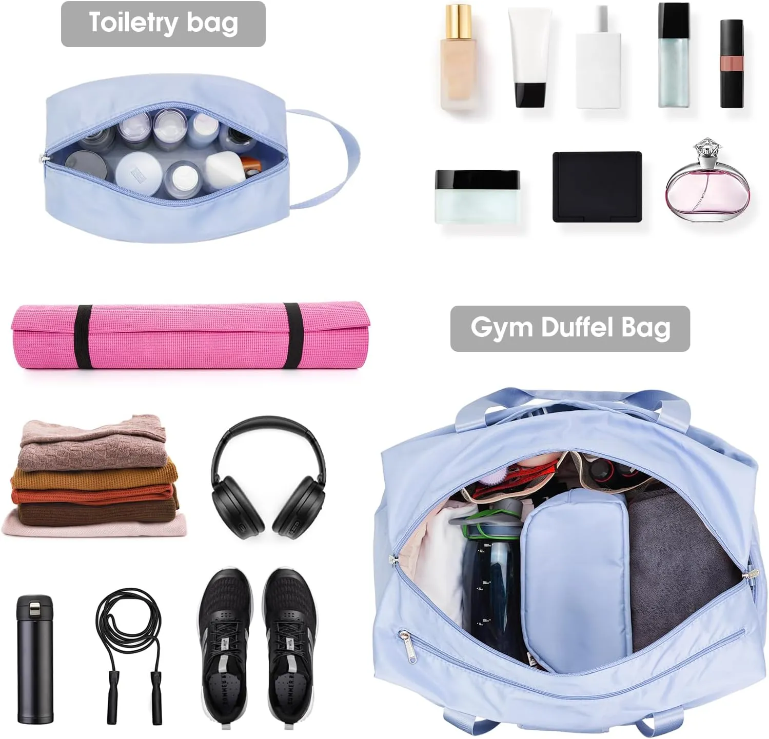Ceneda 20" Gym Duffel Bag with Wet Pocket Shoes Compartment Portable Overnight Weekender Bag Travel bag Yoga Bag for Women (Light Blue)