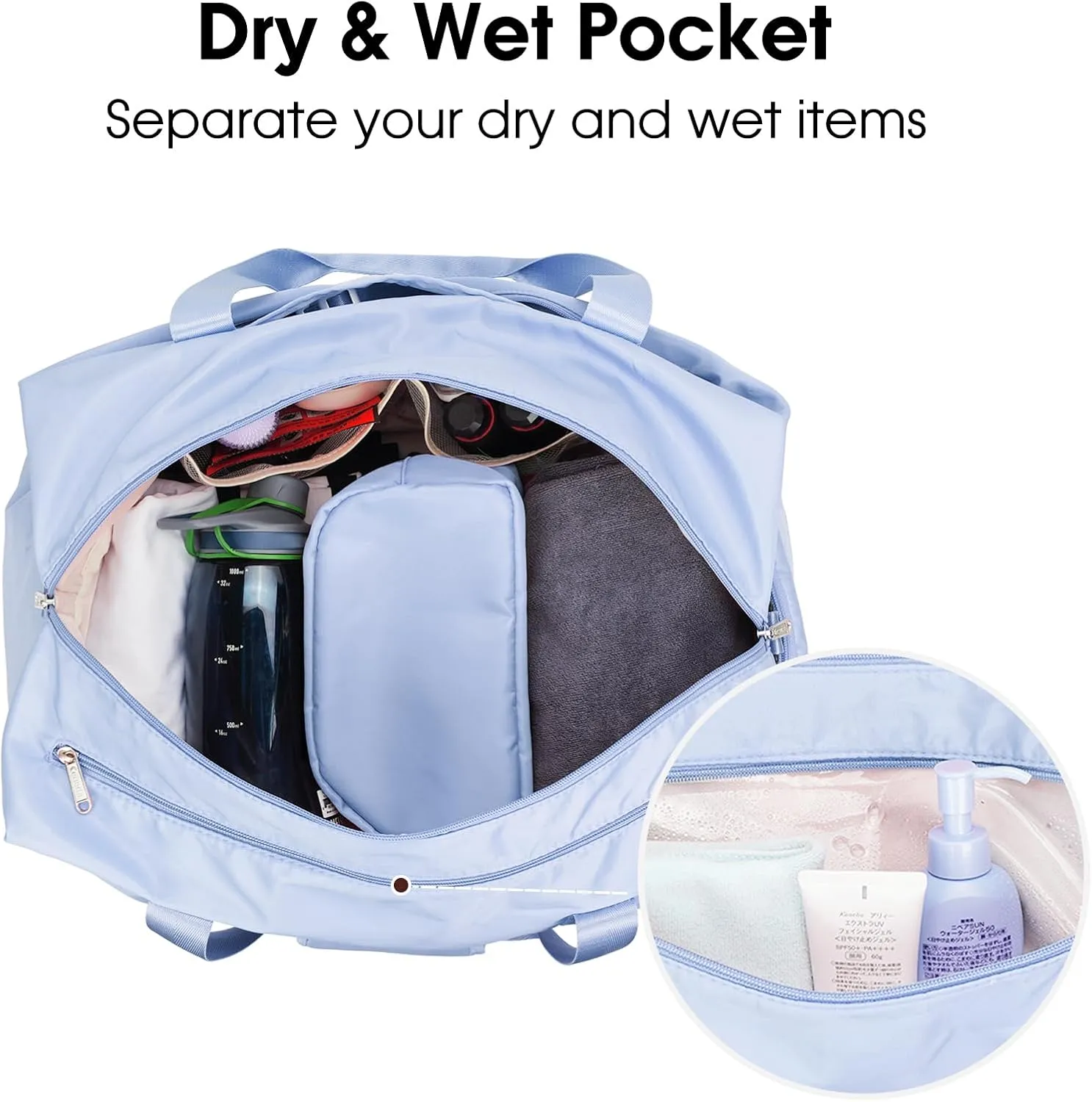 Ceneda 20" Gym Duffel Bag with Wet Pocket Shoes Compartment Portable Overnight Weekender Bag Travel bag Yoga Bag for Women (Light Blue)