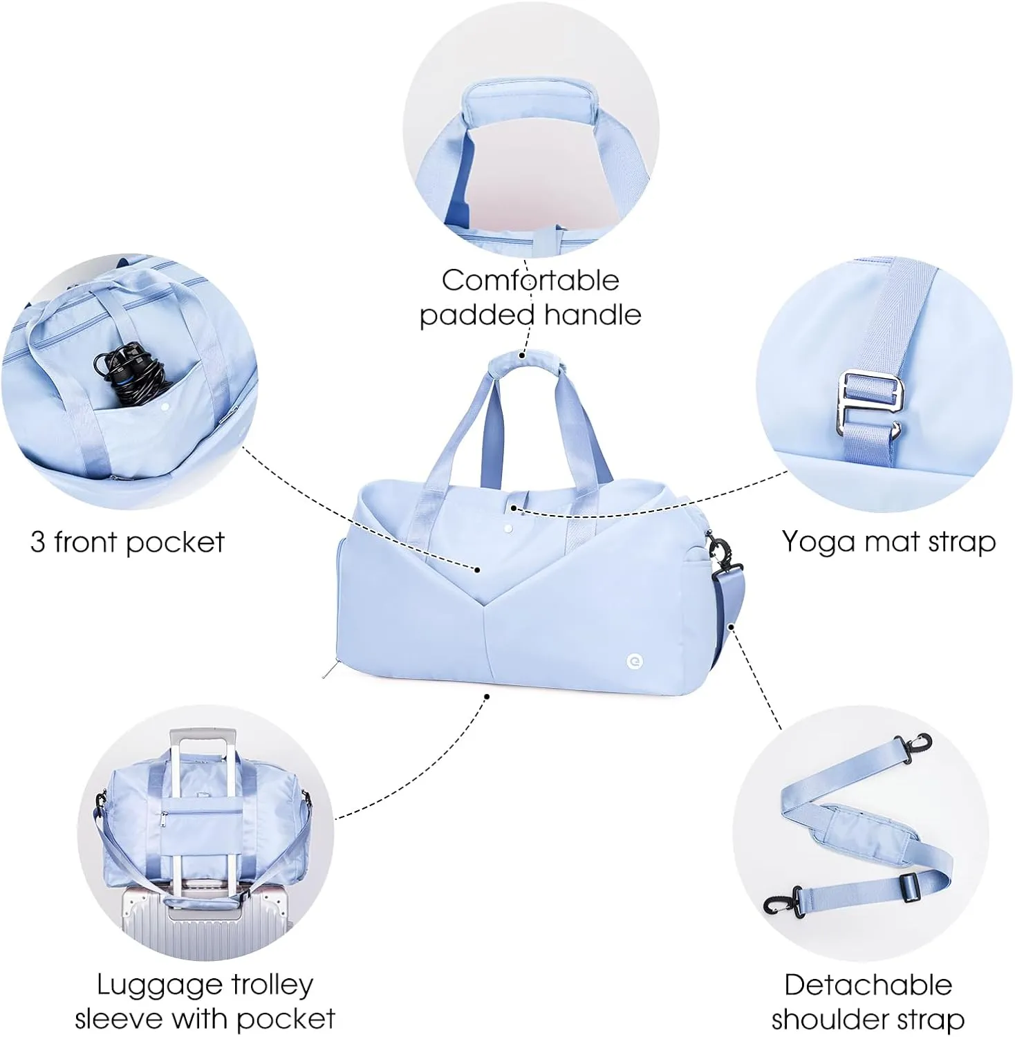 Ceneda 20" Gym Duffel Bag with Wet Pocket Shoes Compartment Portable Overnight Weekender Bag Travel bag Yoga Bag for Women (Light Blue)