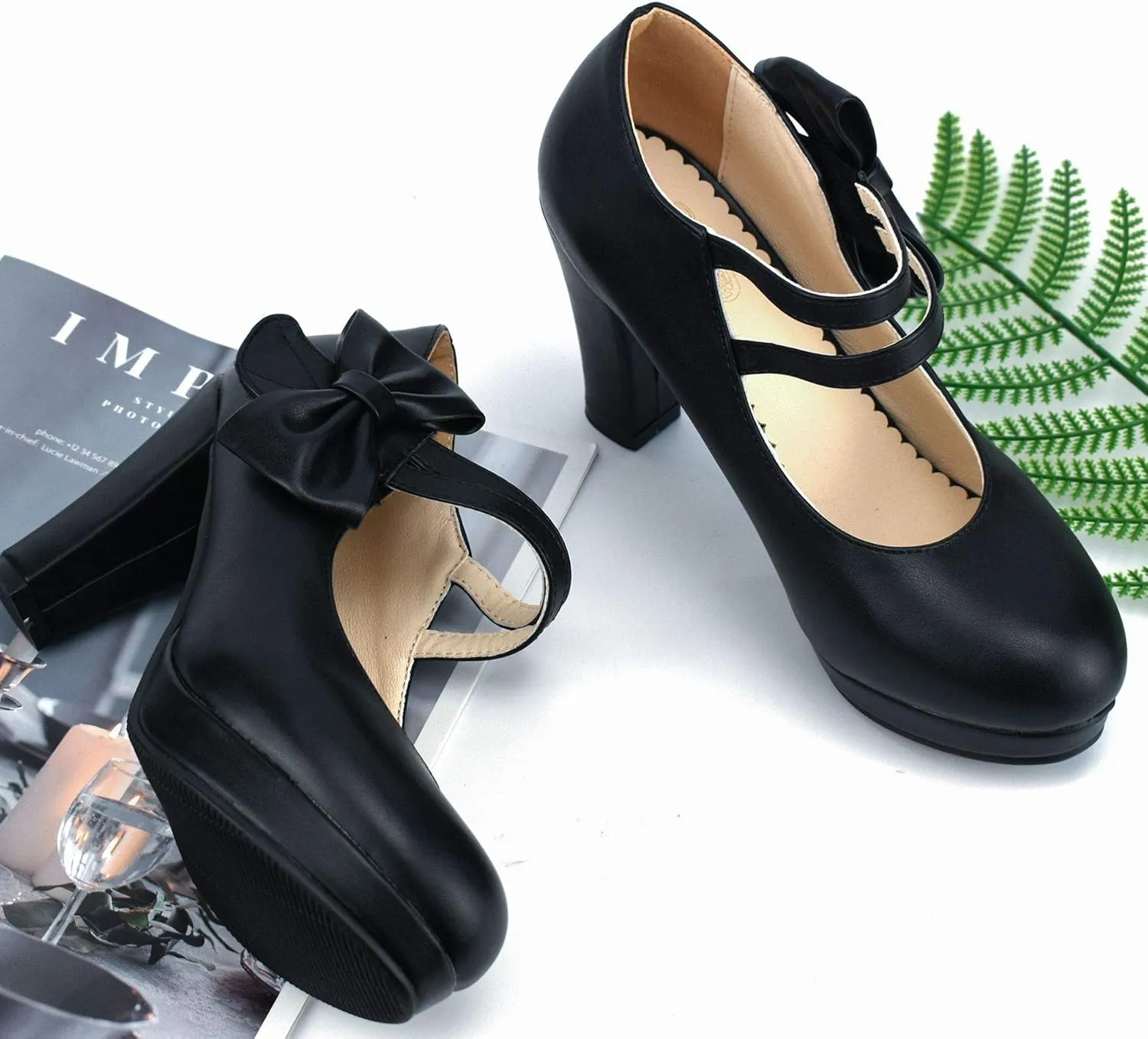 Chic Women Bow Block High Heel Mary Janes Ankle Strap Pumps Sweet Shoes Closed Toe Comfort Dress Party Pumps with Hook Loop