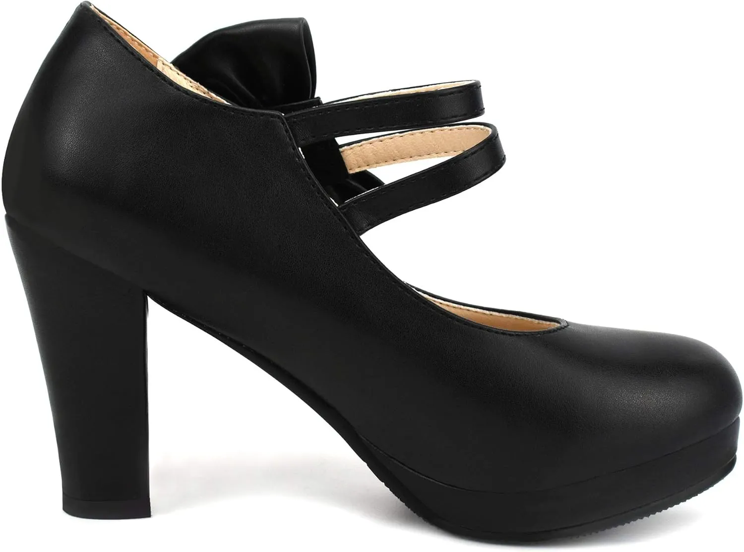 Chic Women Bow Block High Heel Mary Janes Ankle Strap Pumps Sweet Shoes Closed Toe Comfort Dress Party Pumps with Hook Loop