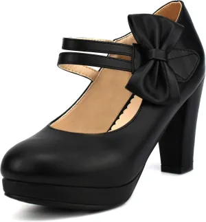 Chic Women Bow Block High Heel Mary Janes Ankle Strap Pumps Sweet Shoes Closed Toe Comfort Dress Party Pumps with Hook Loop