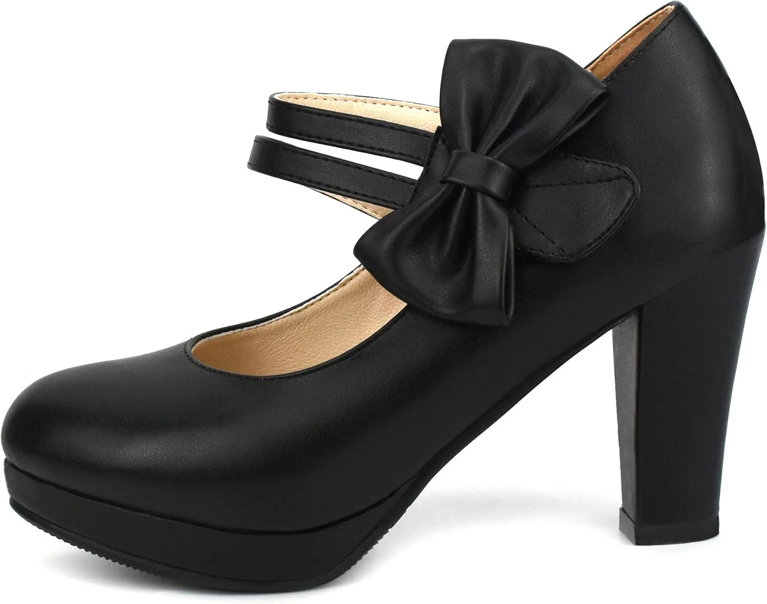 Chic Women Bow Block High Heel Mary Janes Ankle Strap Pumps Sweet Shoes Closed Toe Comfort Dress Party Pumps with Hook Loop