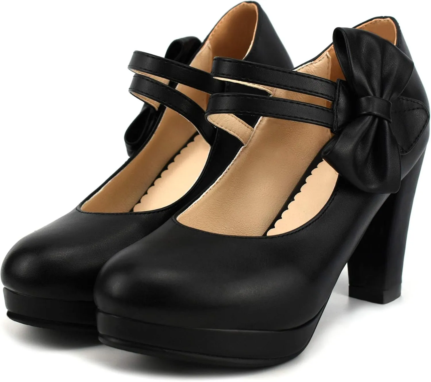 Chic Women Bow Block High Heel Mary Janes Ankle Strap Pumps Sweet Shoes Closed Toe Comfort Dress Party Pumps with Hook Loop