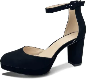 Chunky Closed Toe Heels for Women, Women's Platform Chunky Heels Closed Toe Block Ankle Strap Dress Buckle Round Toe Wedding Party Comfortable Pumps Shoes