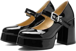 Chunky Platform Heels for Women Mary Jane Heels Round Closed Toe Block Heel Dress Shoes