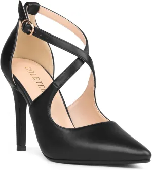 COLETER Womens 4" Pointed Toe D'Orsay Pumps Stilettos High Heel Crossed Ankle Strap Dress Shoes