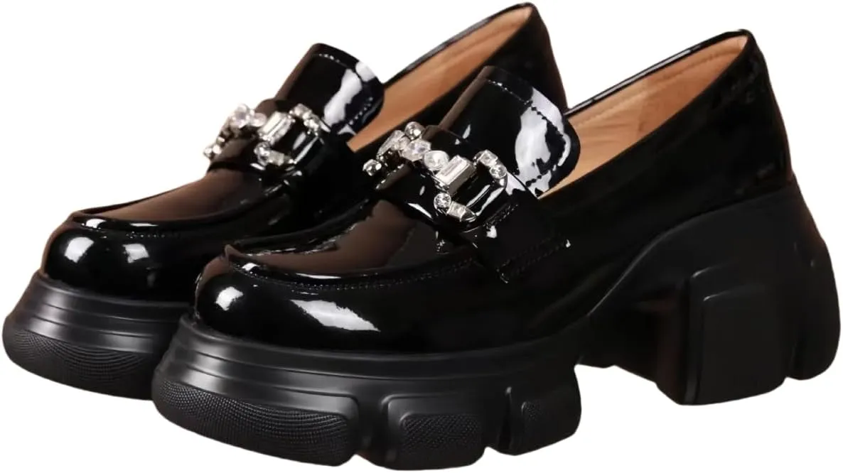 Comfort Women's Leather Loafers Closed Round Toed Waterproof Platforms Chunky Block Heels for Women Office Dress Casual Shoes