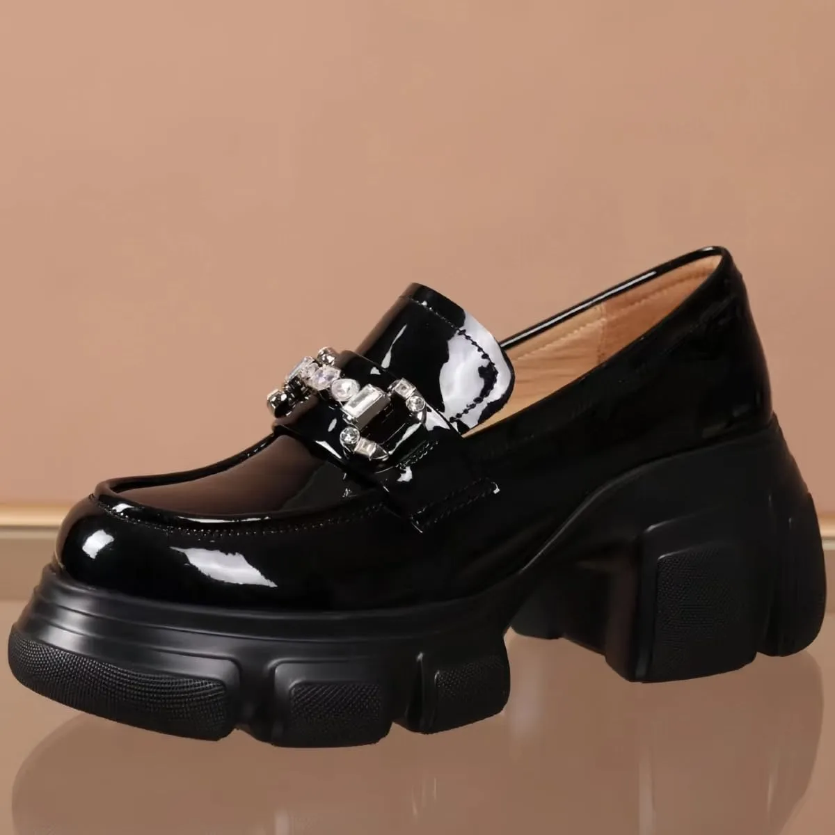 Comfort Women's Leather Loafers Closed Round Toed Waterproof Platforms Chunky Block Heels for Women Office Dress Casual Shoes