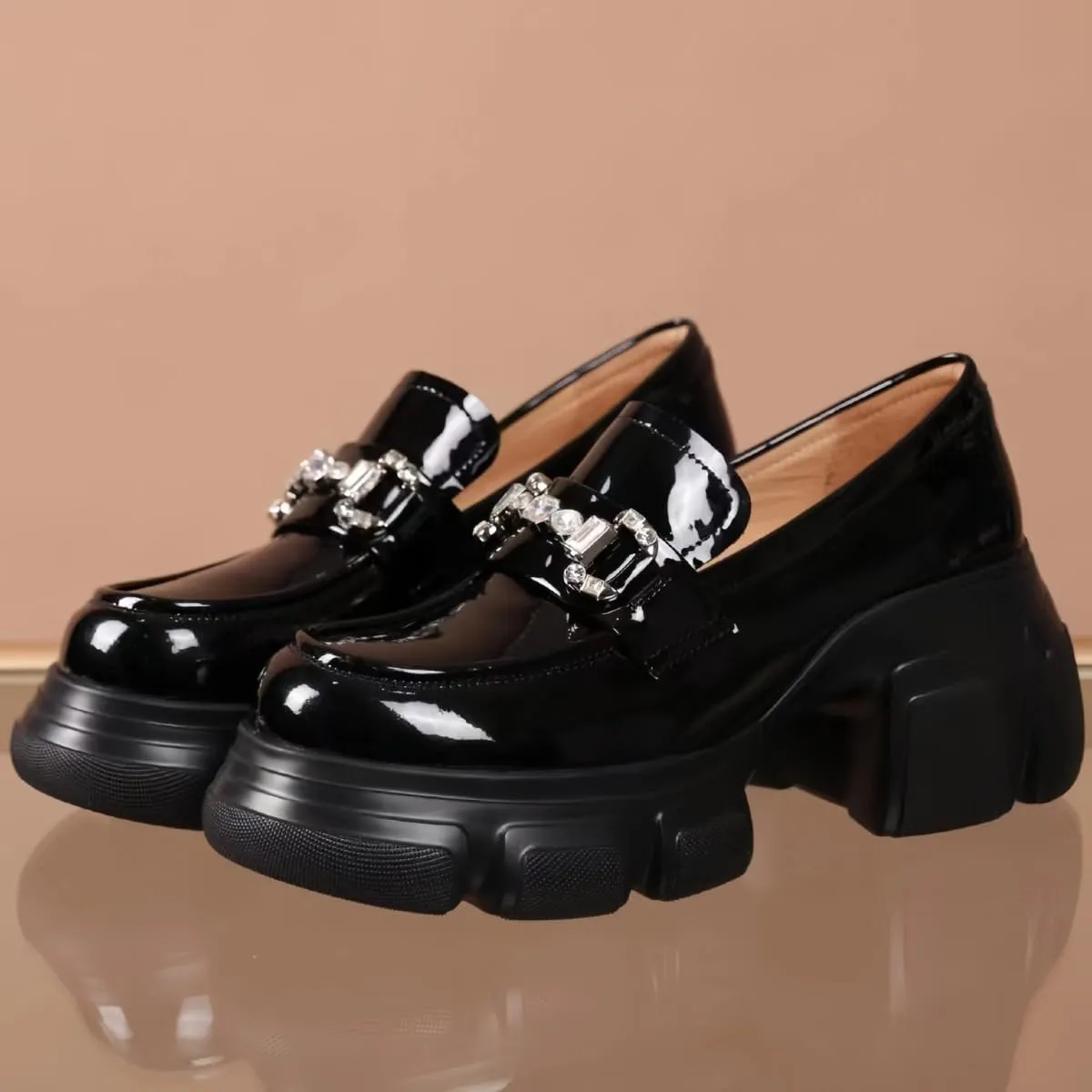 Comfort Women's Leather Loafers Closed Round Toed Waterproof Platforms Chunky Block Heels for Women Office Dress Casual Shoes