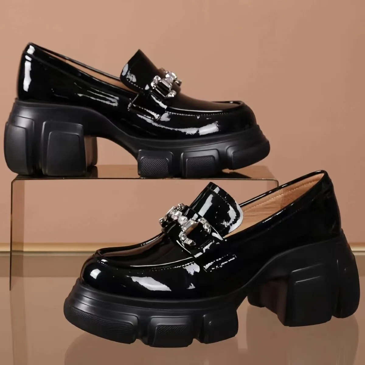 Comfort Women's Leather Loafers Closed Round Toed Waterproof Platforms Chunky Block Heels for Women Office Dress Casual Shoes