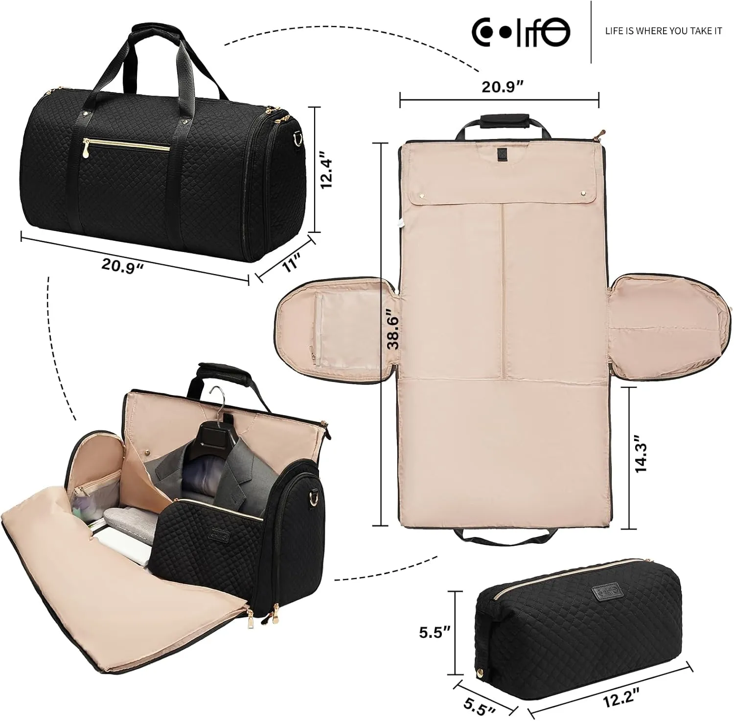 Coolife Garment Bag Carry On Convertible Travel Duffel Bag with Shoe Pouch Weekender Bag for Women Men 2 in 1 Hanging Suit Bag with Shoulder Strap Business Travel Bag (Pink, Standard)
