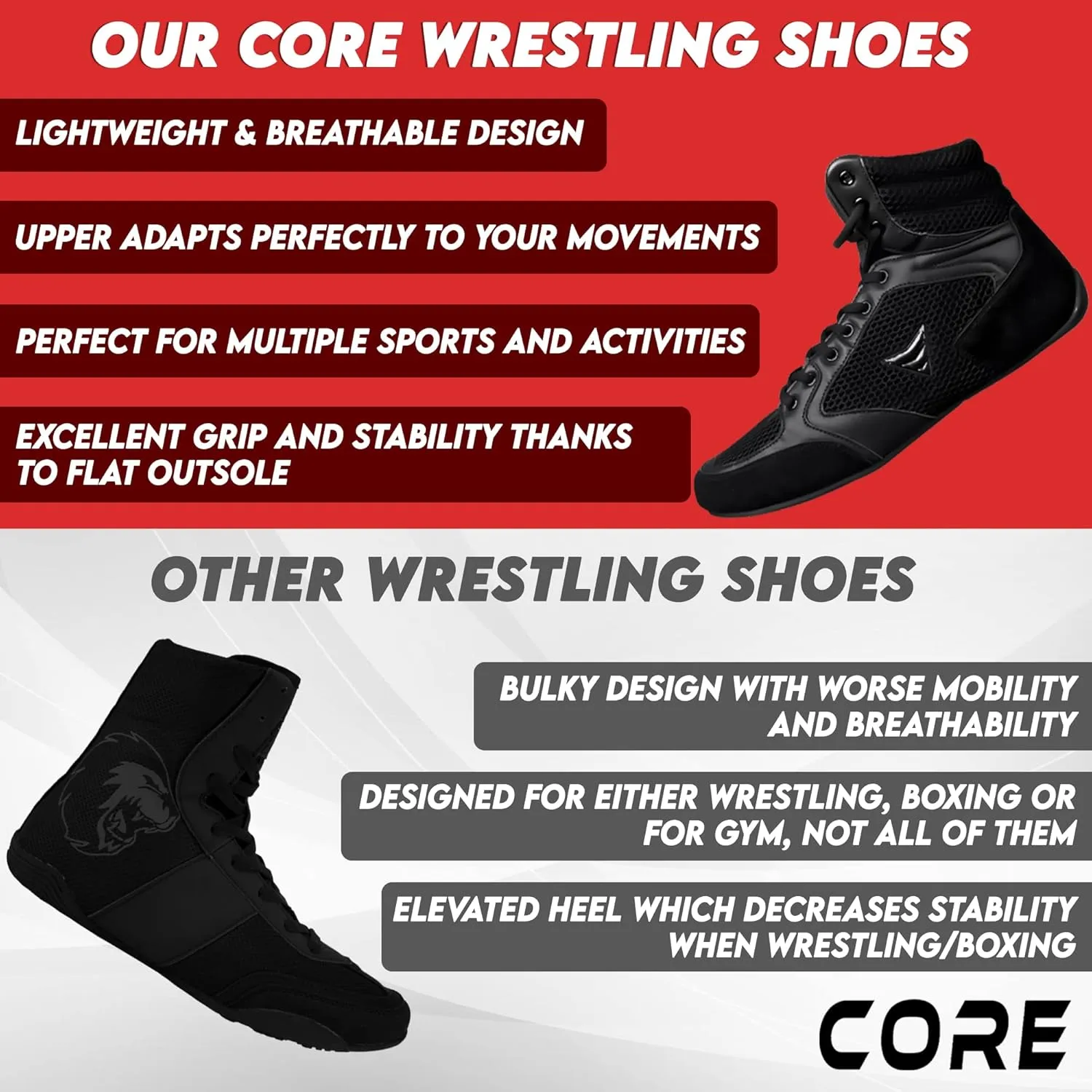 CORE Wrestling Shoes Mat Ace - Lightweight Martial Arts Boxing Shoes - Weightlifting Shoes for Deadlift - for Men and Women
