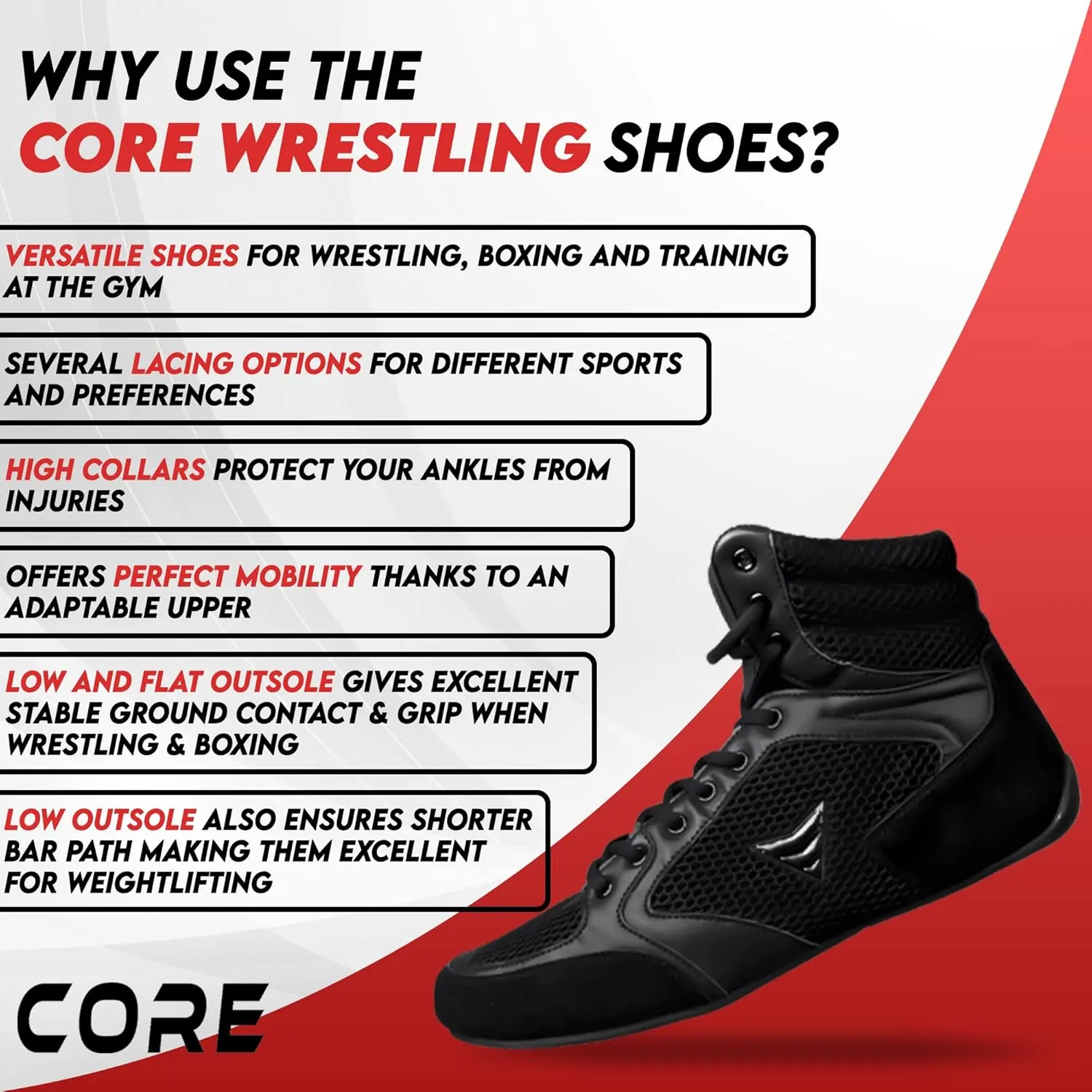CORE Wrestling Shoes Mat Ace - Lightweight Martial Arts Boxing Shoes - Weightlifting Shoes for Deadlift - for Men and Women