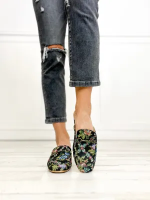 Corkys Charmer Loafer Slides in BLACK BROCADE FLORAL
