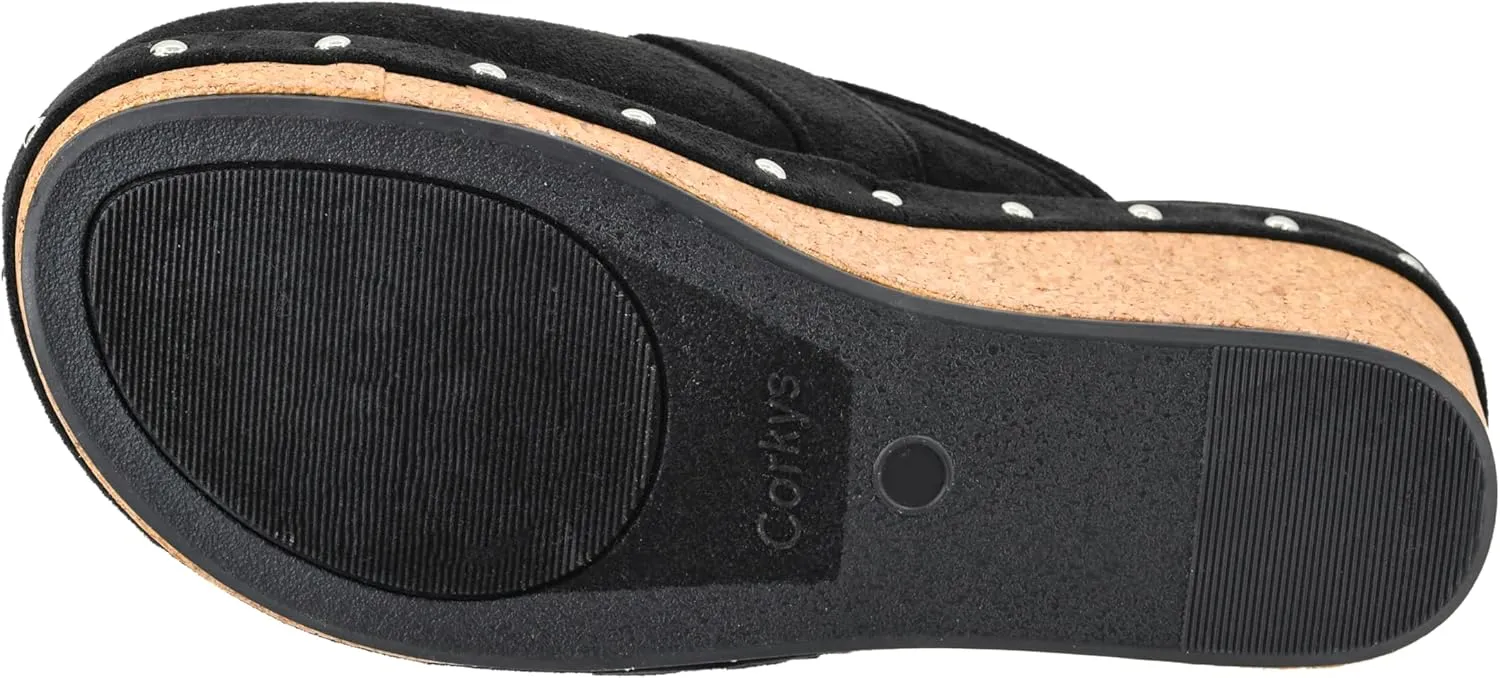 Corkys Footwear Just Precious 2.5-Inch Heel Wedges Black, Memory Foam Insoles, Slip-On Design, Chic Buckle & Stud Accents, Closed-Toe