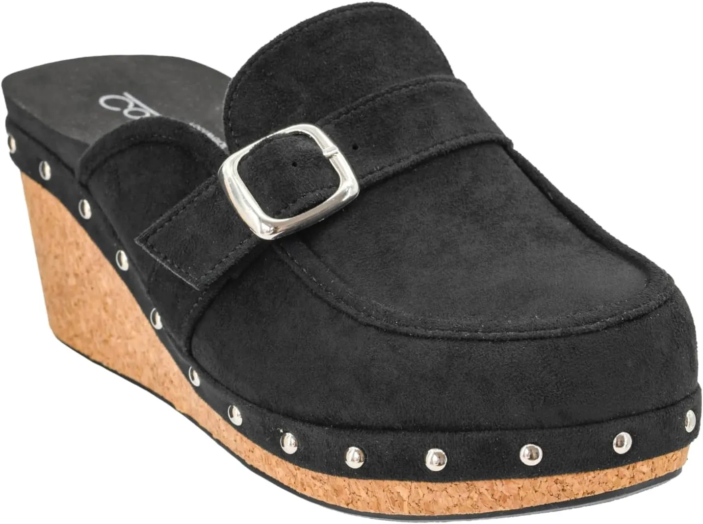 Corkys Footwear Just Precious 2.5-Inch Heel Wedges Black, Memory Foam Insoles, Slip-On Design, Chic Buckle & Stud Accents, Closed-Toe