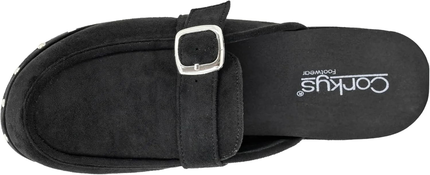 Corkys Footwear Just Precious 2.5-Inch Heel Wedges Black, Memory Foam Insoles, Slip-On Design, Chic Buckle & Stud Accents, Closed-Toe