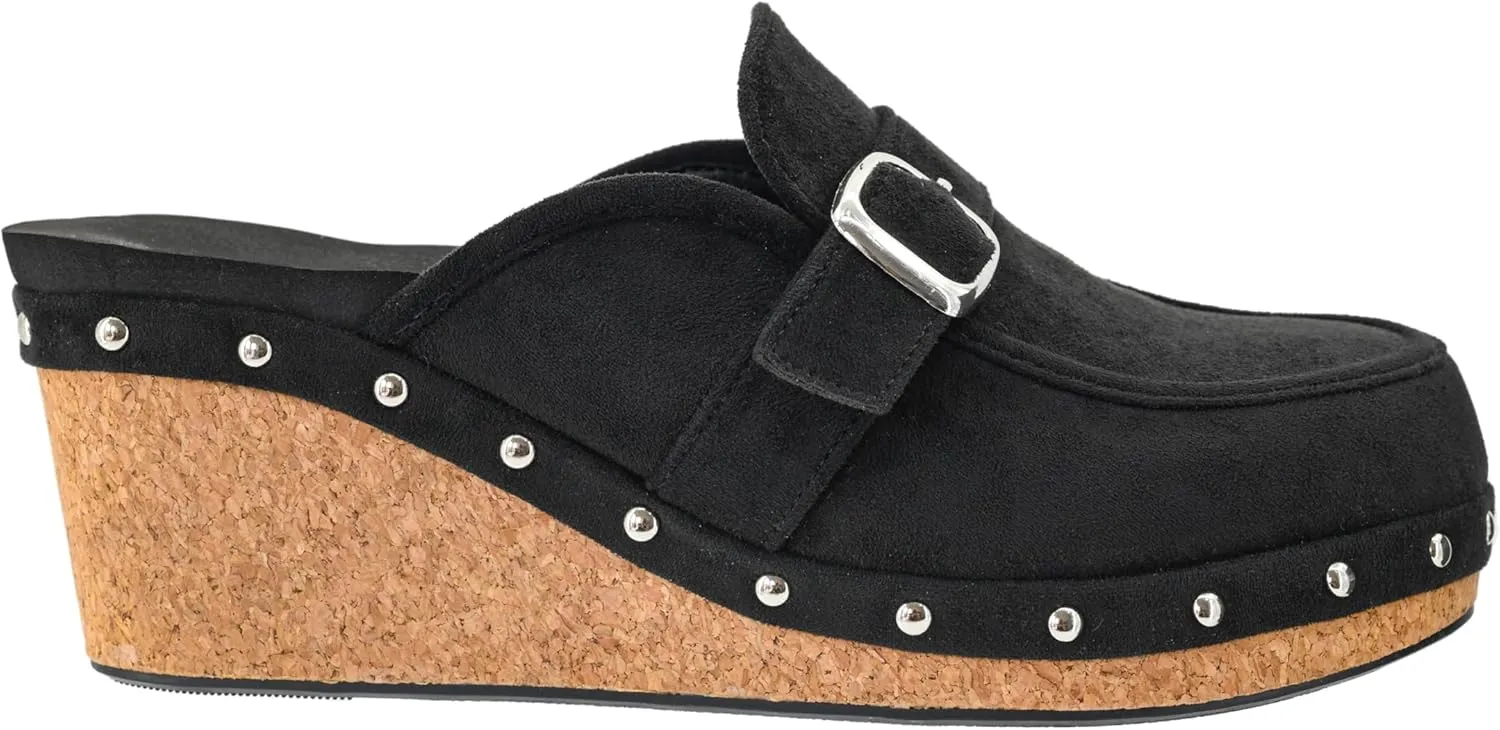 Corkys Footwear Just Precious 2.5-Inch Heel Wedges Black, Memory Foam Insoles, Slip-On Design, Chic Buckle & Stud Accents, Closed-Toe