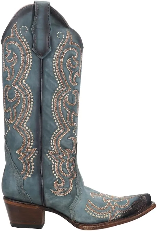 Corral Boots Womens Ld Blue Jean Embroidered Snip Toe Casual Boots Mid Calf Mid Heel 2-3" - Blue