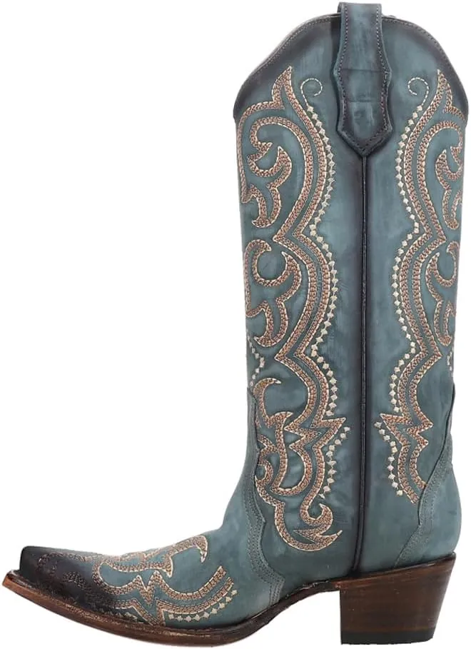 Corral Boots Womens Ld Blue Jean Embroidered Snip Toe Casual Boots Mid Calf Mid Heel 2-3" - Blue