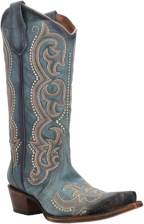 Corral Boots Womens Ld Blue Jean Embroidered Snip Toe Casual Boots Mid Calf Mid Heel 2-3" - Blue