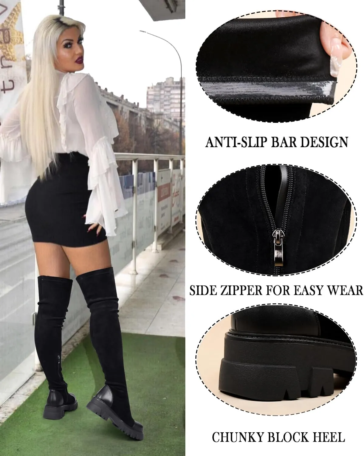 CouieCuies Over The Knee Boots Women Suede Black Thigh High Boots Patchwork Suede Boots Platform Lug Sole Boots Comfortable Stretch Boots Zipper Walking