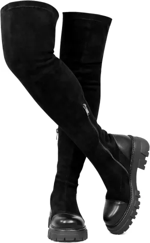 CouieCuies Over The Knee Boots Women Suede Black Thigh High Boots Patchwork Suede Boots Platform Lug Sole Boots Comfortable Stretch Boots Zipper Walking