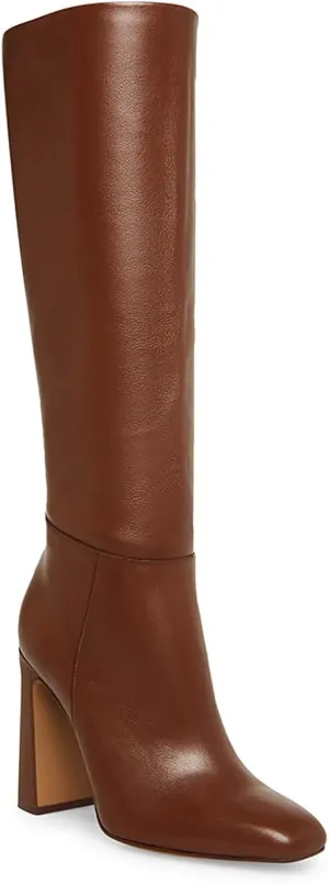 Coutgo Women's Chunky Heeled Knee High Boots Classic Leather Square Toe Zippered Tall Boot, Dark Brown, Size 10