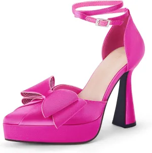 Coutgo Womens Platform Chunky High Heels Satin Bow Rhinestone Pointed Toe Ankle Strap Sexy Party Prom Dress Pumps