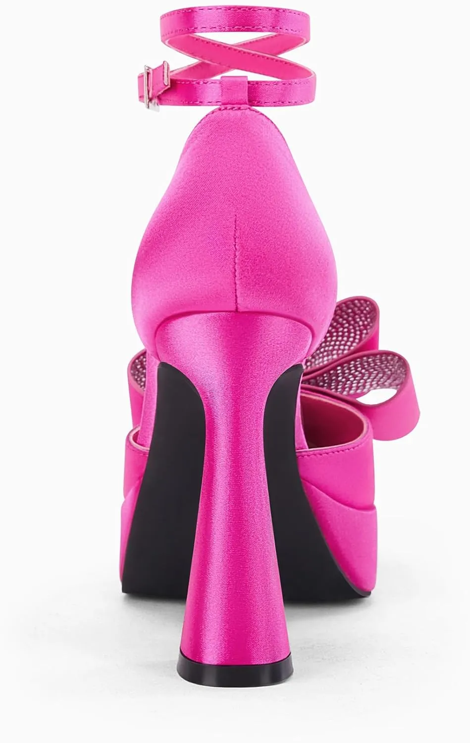 Coutgo Womens Platform Chunky High Heels Satin Bow Rhinestone Pointed Toe Ankle Strap Sexy Party Prom Dress Pumps