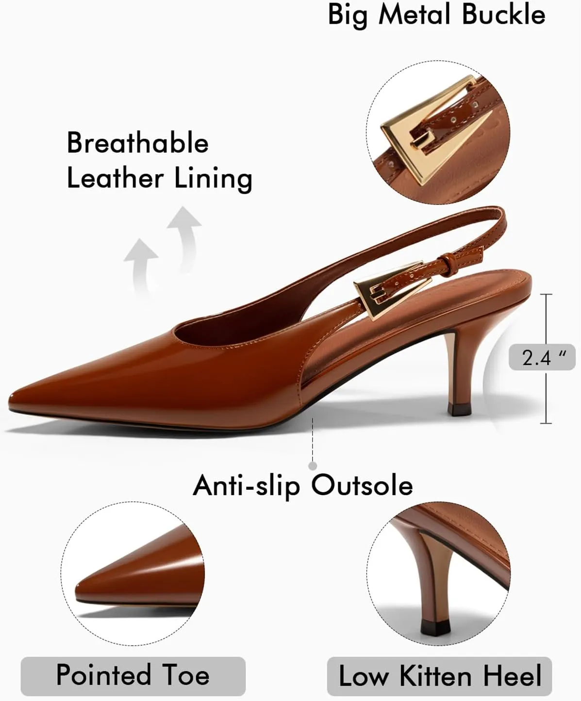 Coutgo Womens Slingback Heels Kitten Low Heel Dress Shoes Closed Pointed Toe Buckle Pumps Work Wedding Shoes