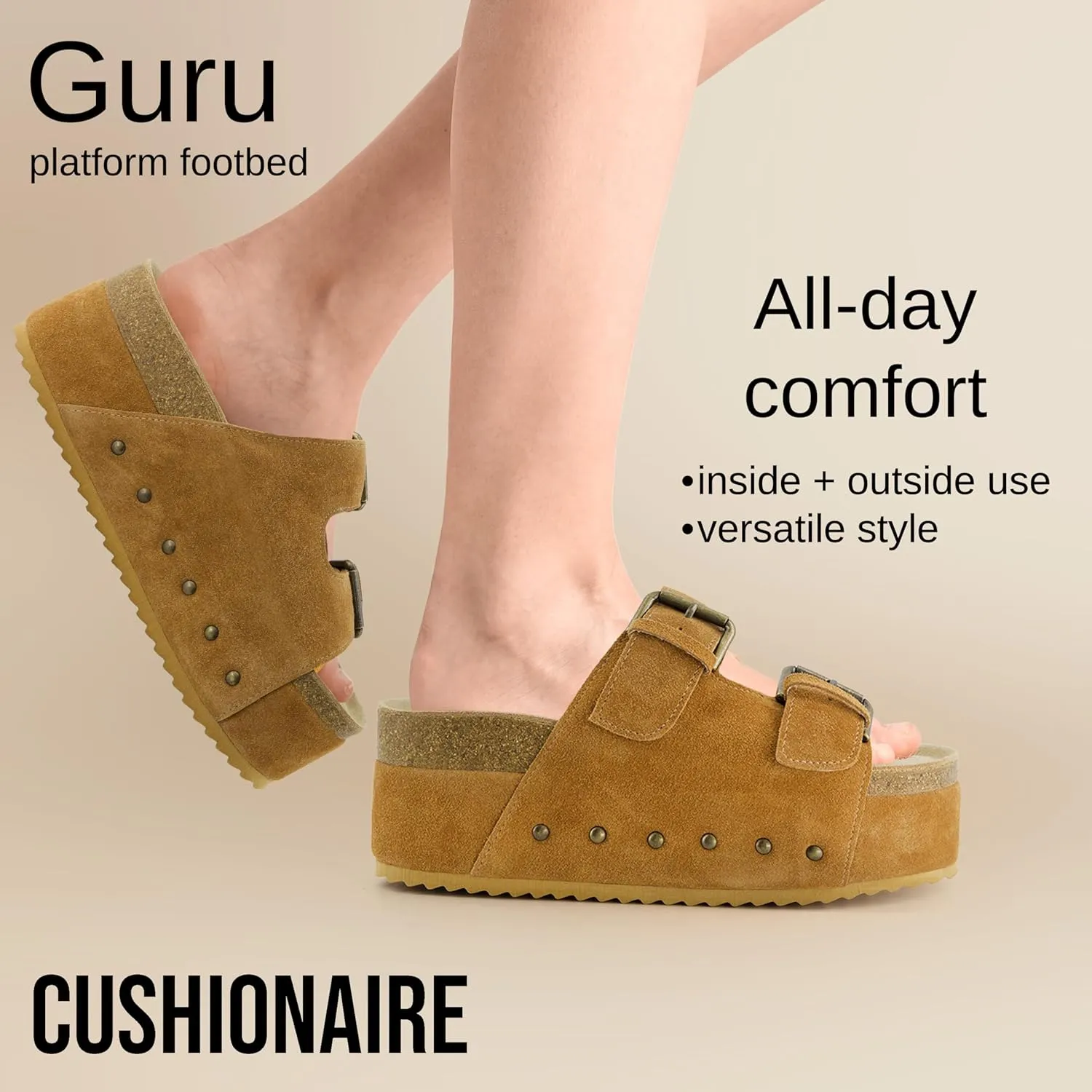 CUSHIONAIRE Guru Platform Sandals Women Footwear – Comfortable Genuine Leather Footbed Studded Chunky Slide Summer Sandals for Women 2025