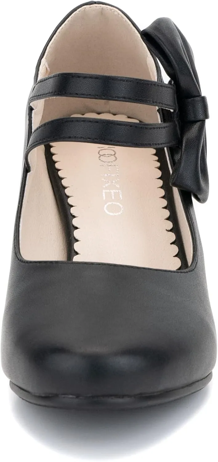 Cute Women's Mary Janes Block Chunky Heels Chic Ankle Strap Pumps Bow Closed Toe Comfort Shoes with Hook Loop