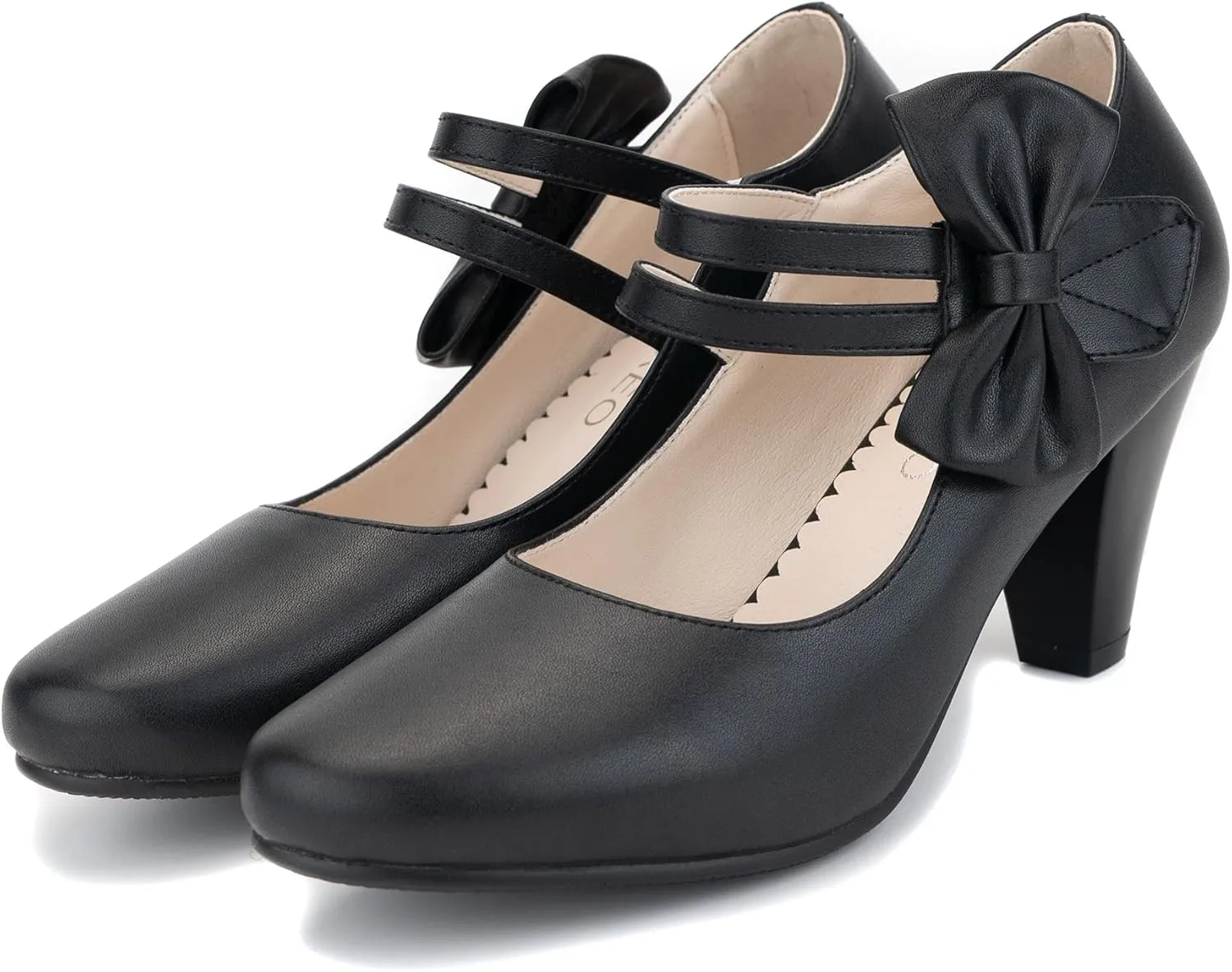 Cute Women's Mary Janes Block Chunky Heels Chic Ankle Strap Pumps Bow Closed Toe Comfort Shoes with Hook Loop