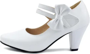 Cute Women's Mary Janes Block Chunky Heels Chic Ankle Strap Pumps Bow Closed Toe Comfort Shoes with Hook Loop