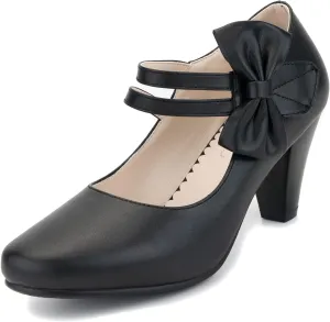 Cute Women's Mary Janes Block Chunky Heels Chic Ankle Strap Pumps Bow Closed Toe Comfort Shoes with Hook Loop