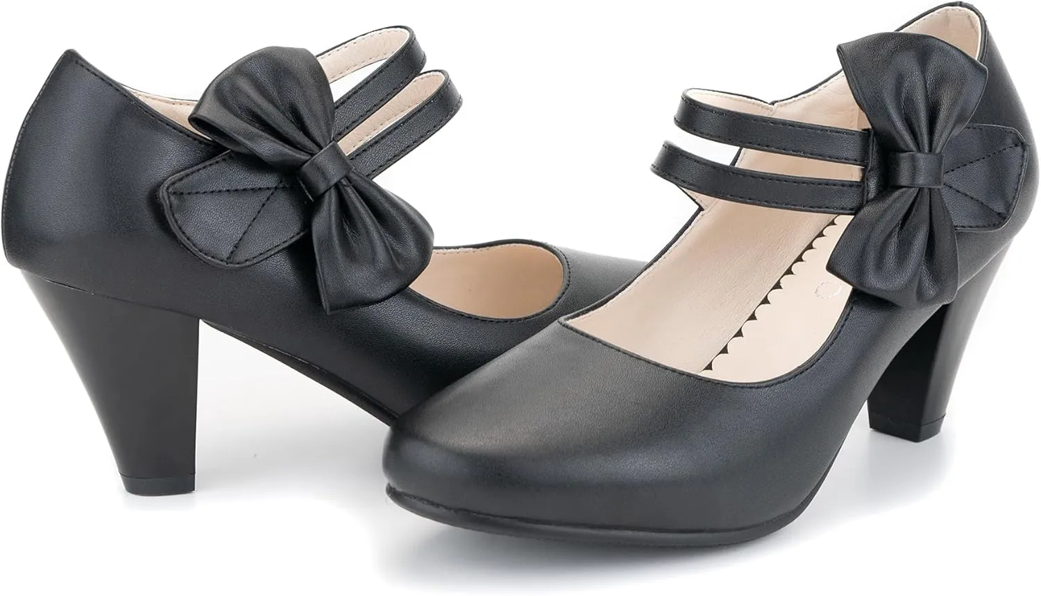 Cute Women's Mary Janes Block Chunky Heels Chic Ankle Strap Pumps Bow Closed Toe Comfort Shoes with Hook Loop