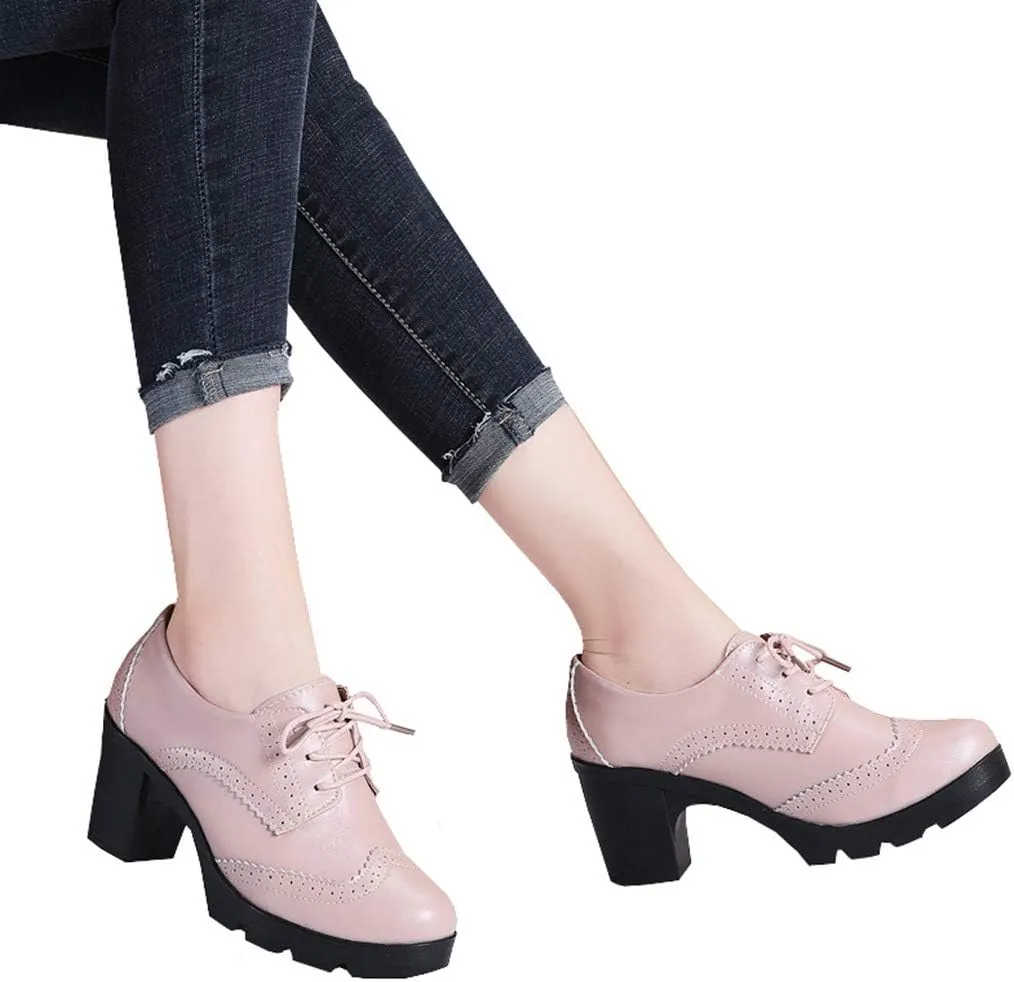DADAWEN Women's Classic T-Strap Platform Mid-Heel Square Toe Oxfords Dress Shoes