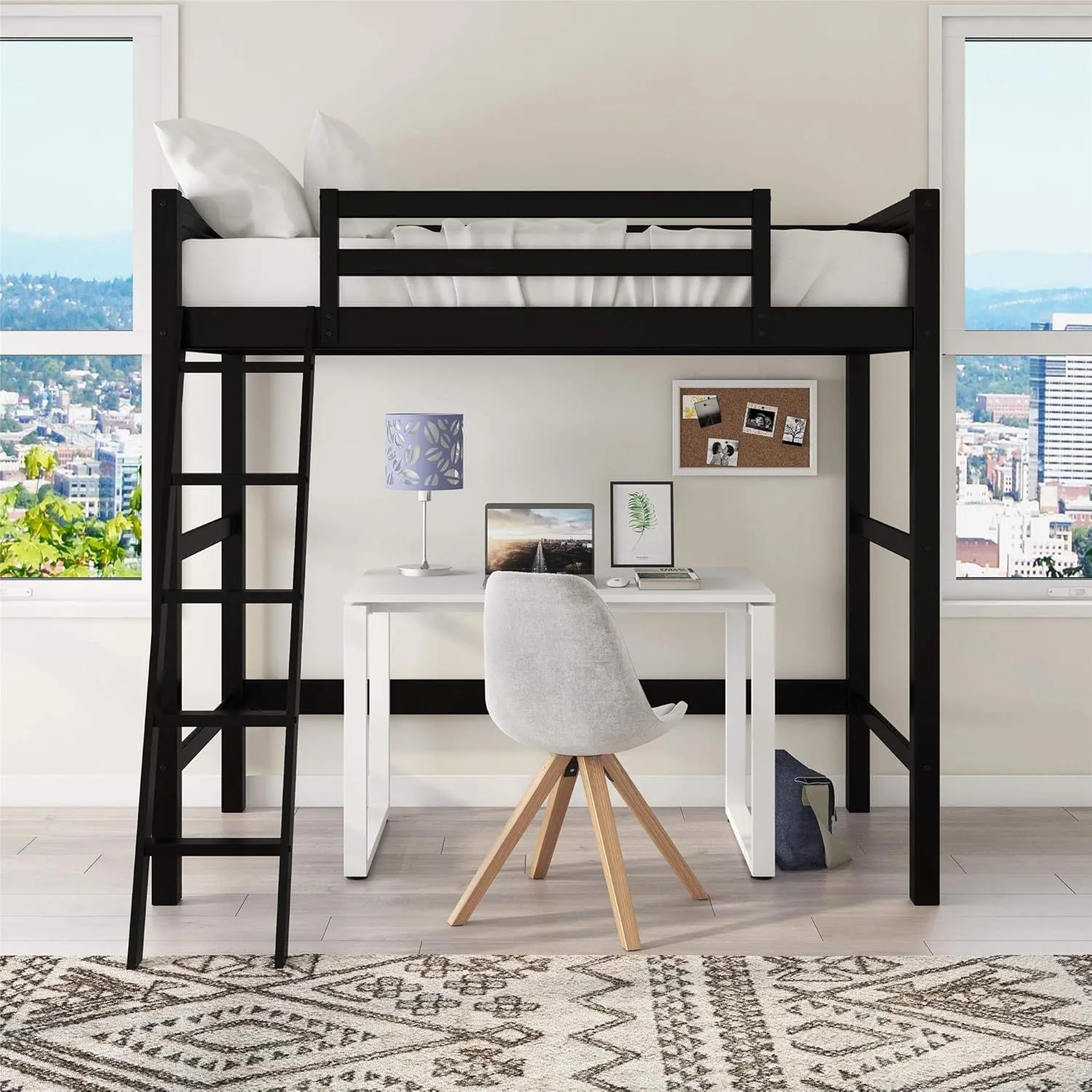 DHP Moon Bay Kids Wooden Loft Bed with Ladder, Twin, Black