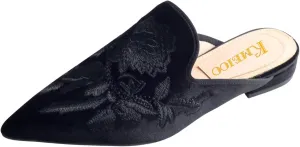 Divanne Loafers for Women, Womens Embroidery Mule Shoes Velvet Backless Slip On Loafers Pointed Toe Flat Mule Slides