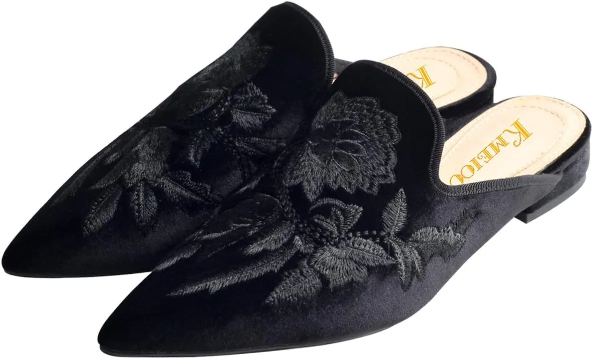 Divanne Loafers for Women, Womens Embroidery Mule Shoes Velvet Backless Slip On Loafers Pointed Toe Flat Mule Slides