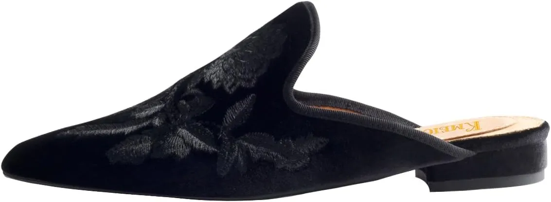 Divanne Loafers for Women, Womens Embroidery Mule Shoes Velvet Backless Slip On Loafers Pointed Toe Flat Mule Slides