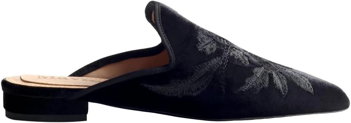 Divanne Loafers for Women, Womens Embroidery Mule Shoes Velvet Backless Slip On Loafers Pointed Toe Flat Mule Slides