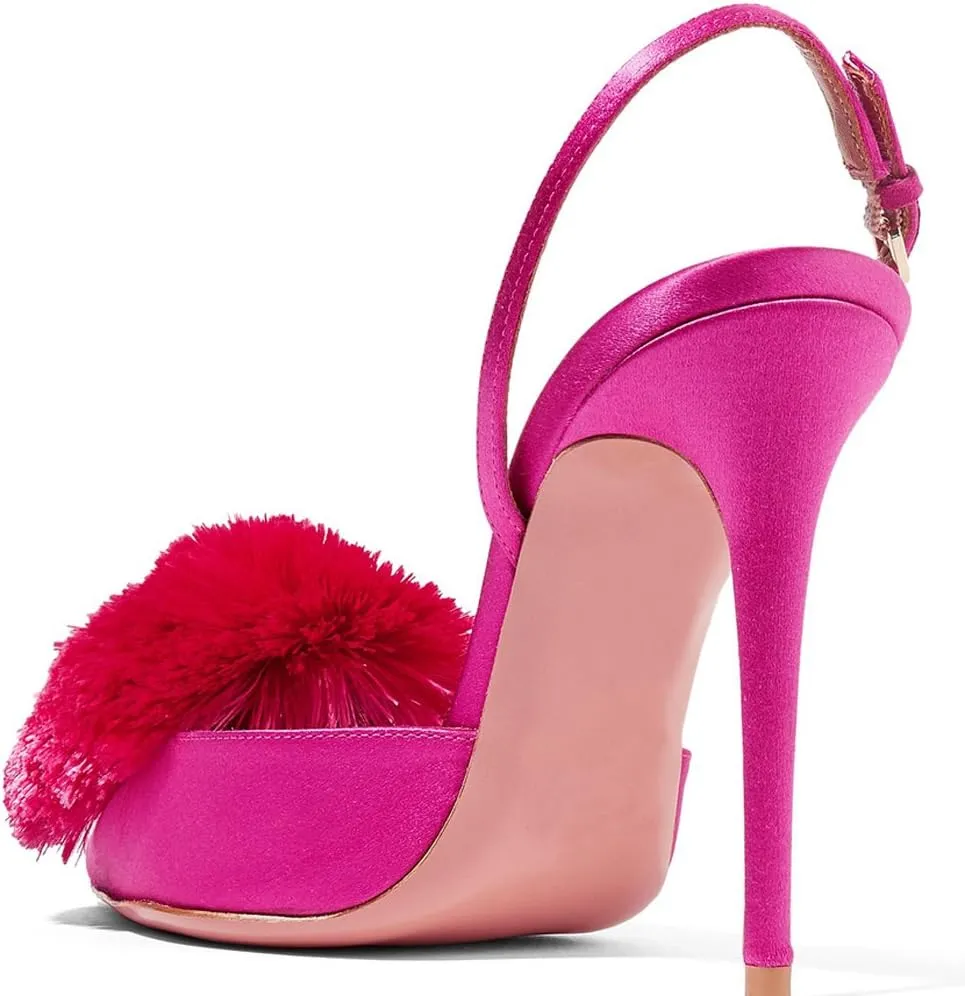 Divanne Pumps for Women,Puff Pompom High Heels Pointed Toe Slingback Pumps Stiletto Heel Sandals Evening Party Wedding Shoes